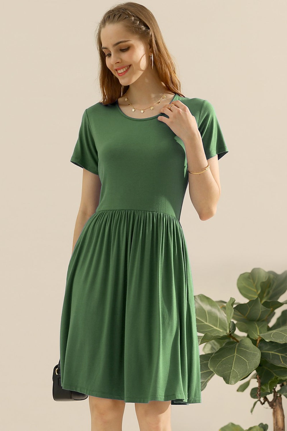 Ninexis Full Size Round Neck Ruched Dress with Pockets - Cocktail Dresses - FITGGINS