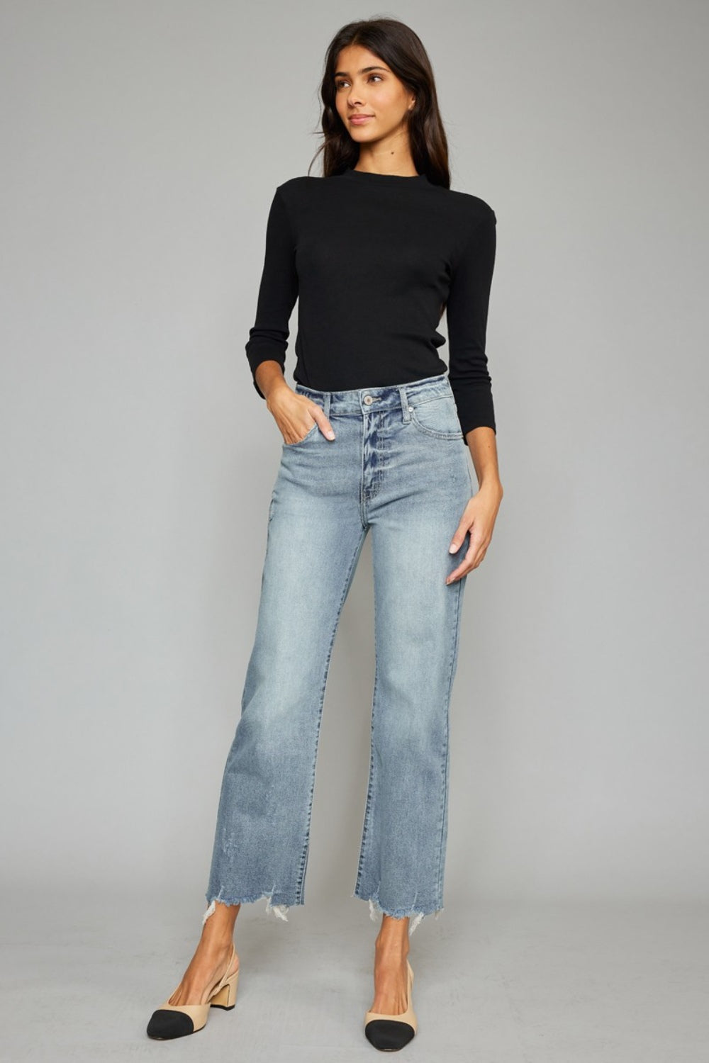 Kancan High Waist Raw Hem Cropped Wide Leg Jeans - Jeans - FITGGINS