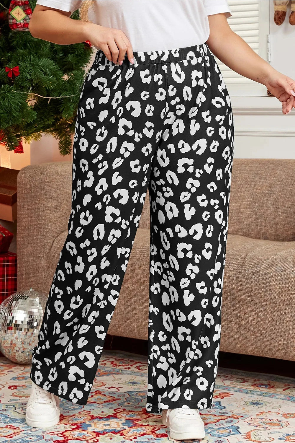 Plus Size Leopard Elastic Waist Pants - Pants - FITGGINS