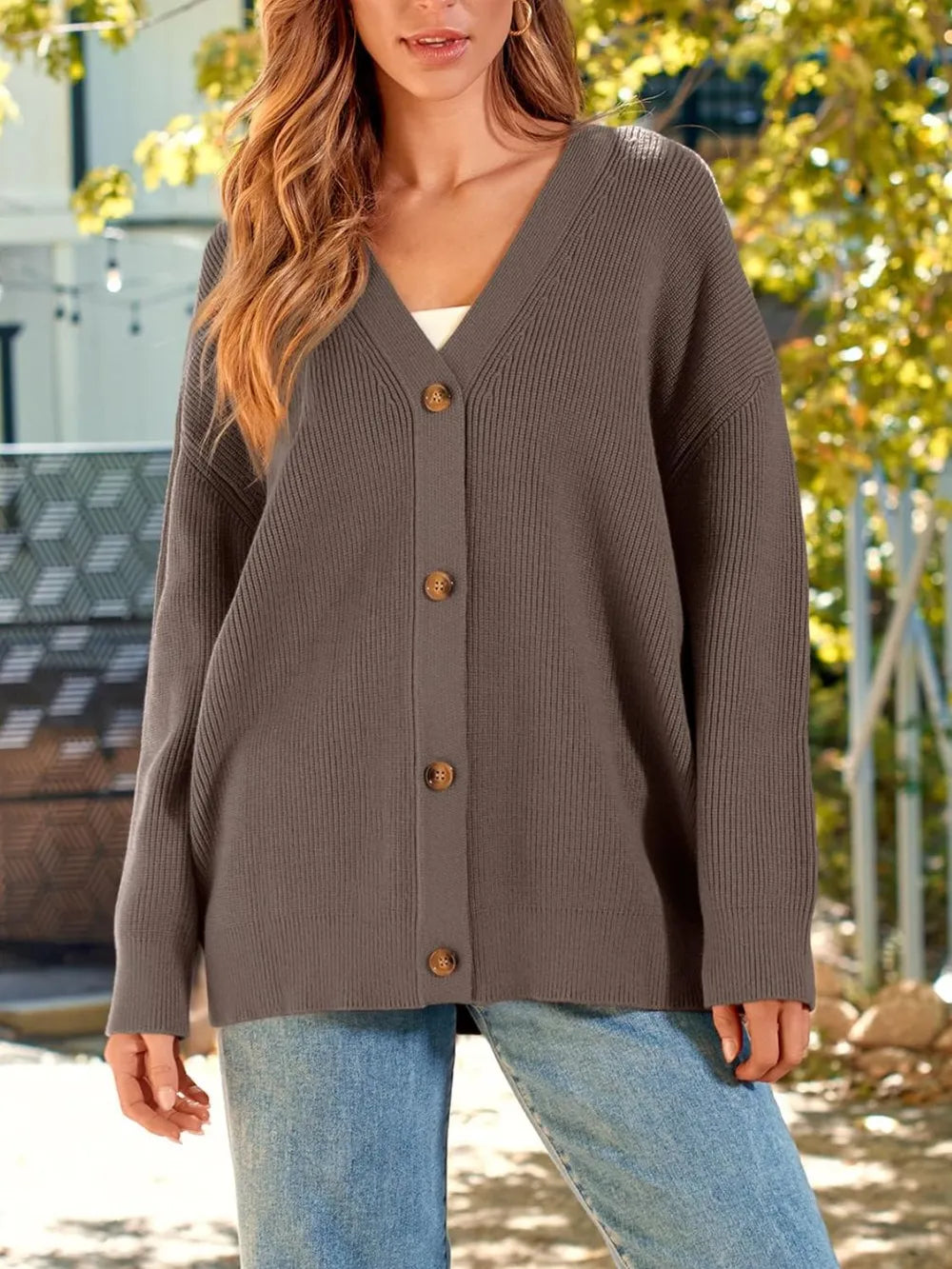 Button Down Long Sleeve Cardigan Coffee Brown Fitggins