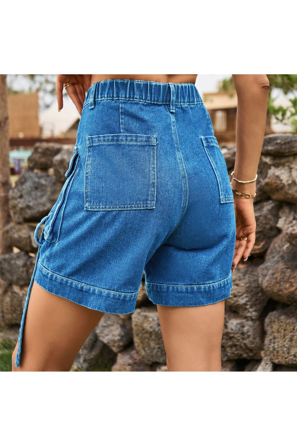 High Waist Denim Cargo Shorts - Denim Shorts - FITGGINS