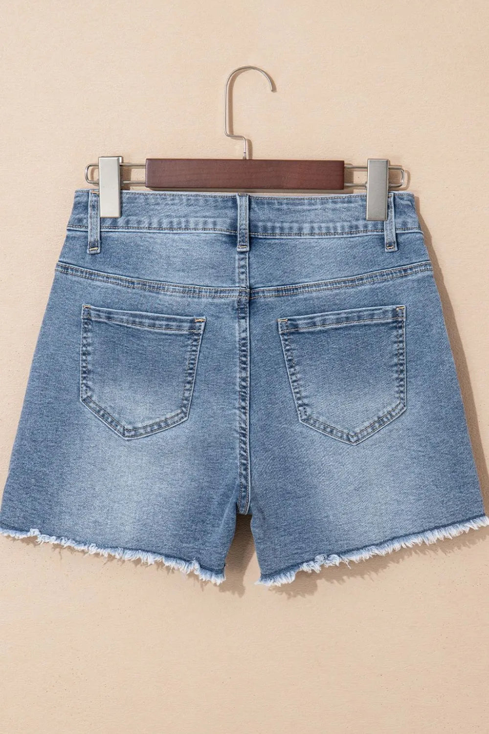 Pearl Beaded Raw Hem Wash Denim Shorts Fitggins