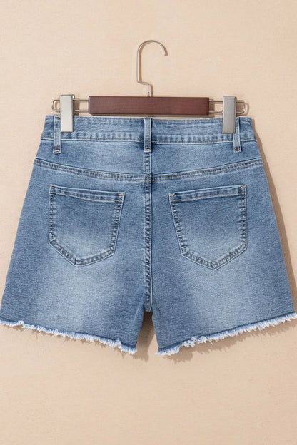Pearl Beaded Raw Hem Wash Denim Shorts Fitggins