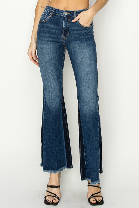 RISEN Full Size High Rise Side Shadow Seam Detail Slit Flare Jeans - Jeans - FITGGINS