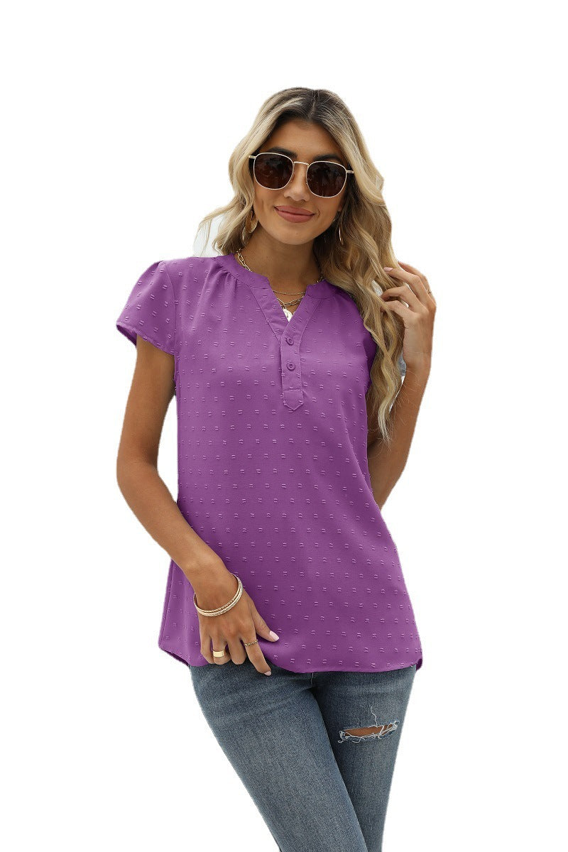 Swiss Dot Notched Neck Short Sleeve Top Fitggins