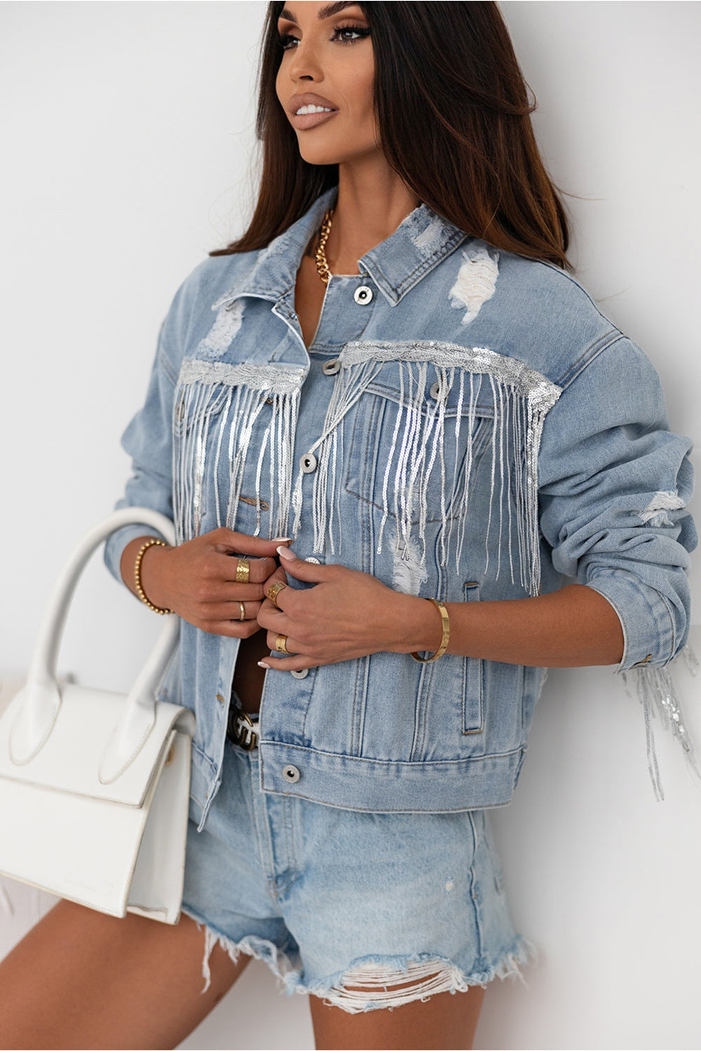 Sequin Fringe Trim Distressed Button Up Denim Jacket - Denim Jackets - FITGGINS