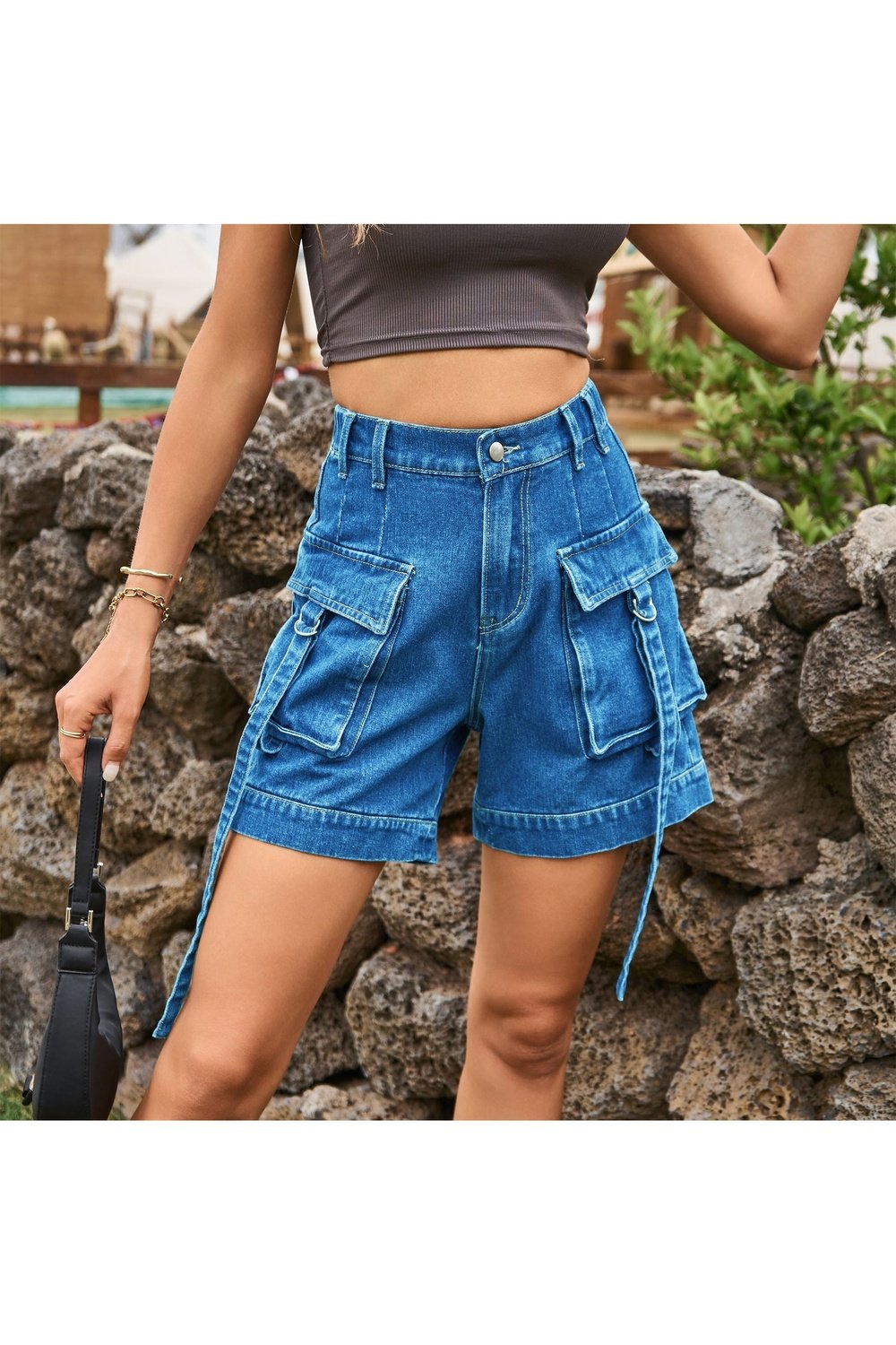 High Waist Denim Cargo Shorts - Denim Shorts - FITGGINS