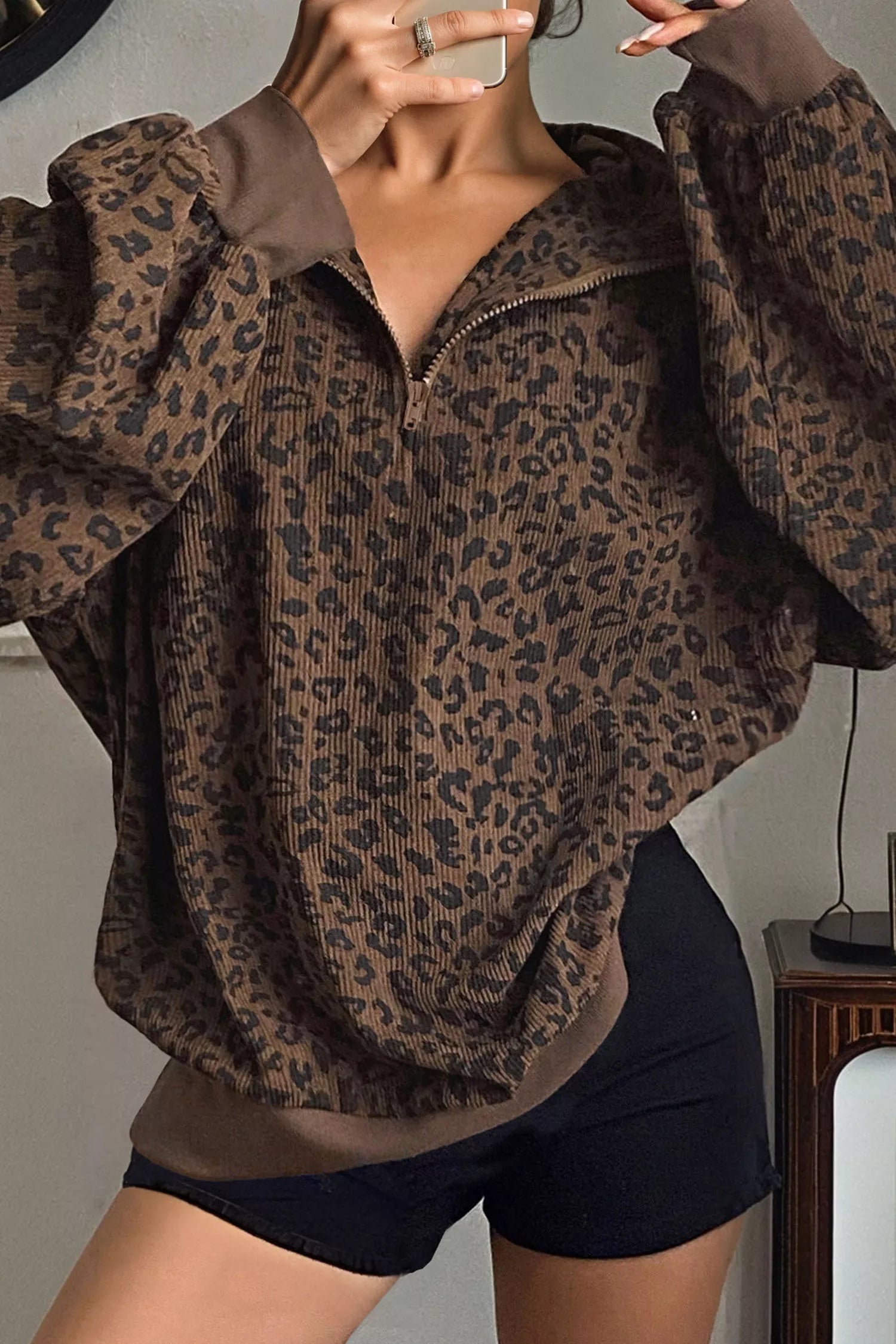 Leopard Print Quarter Zip Corduroy Sweatshirt Leopard S Fitggins