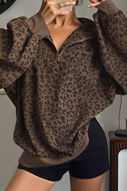 Leopard Print Quarter Zip Corduroy Sweatshirt Leopard S Fitggins
