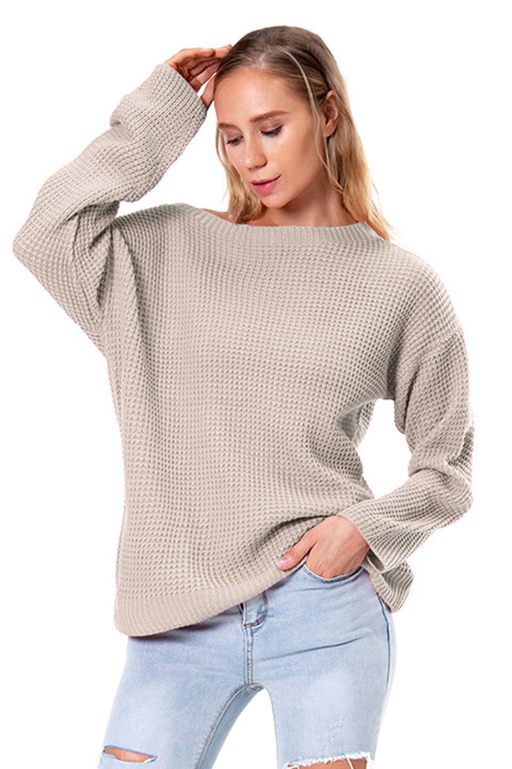 Boat Neck Drop Shoulder Long Sleeve Sweater Fitggins