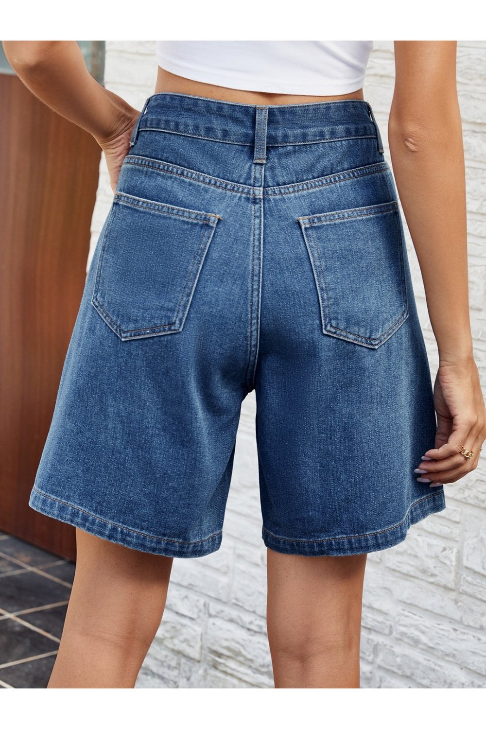 High Waist Denim Shorts with Pockets - Denim Shorts - FITGGINS