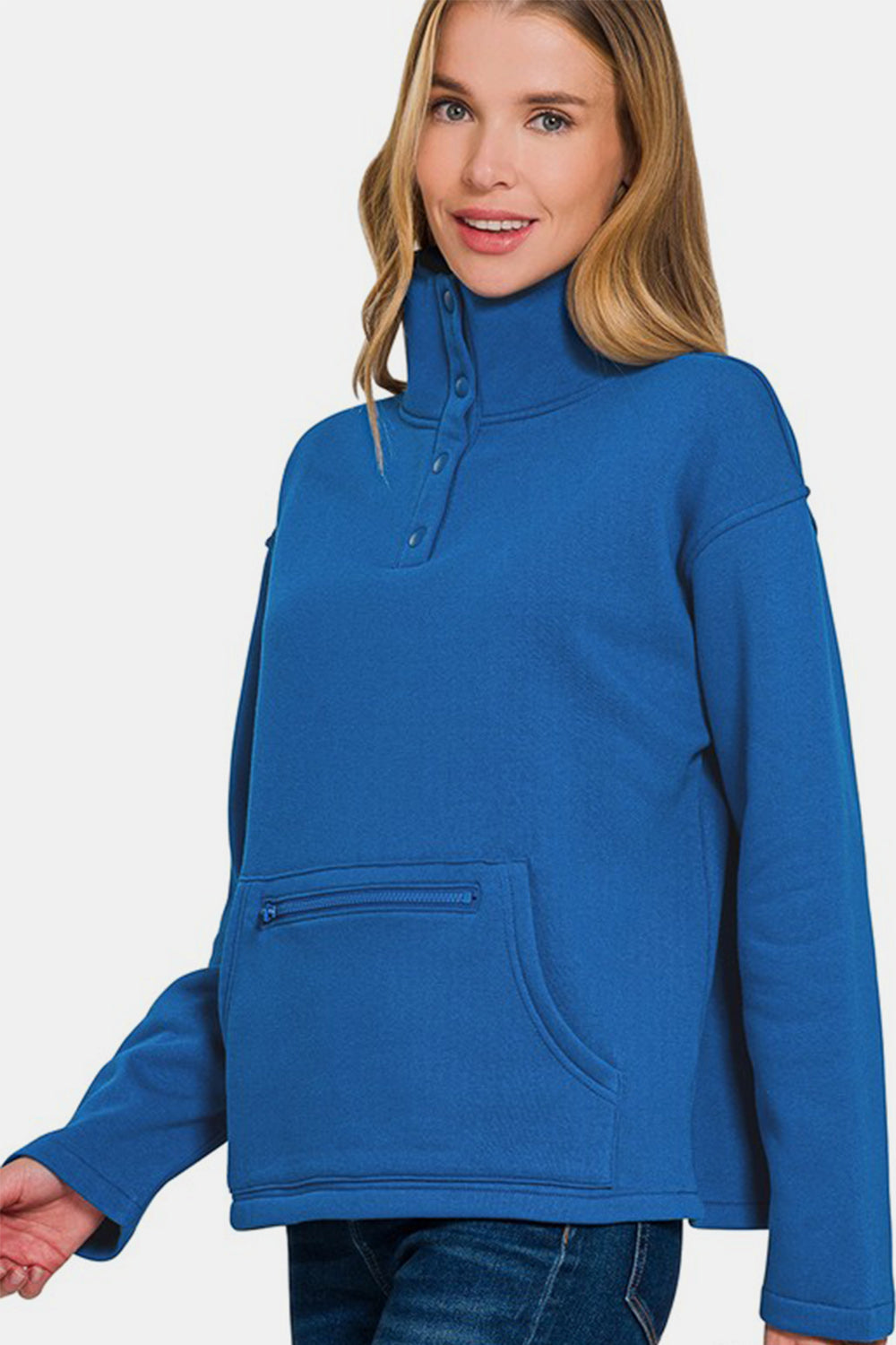 Zenana Turtleneck Half Snap Fleece Sweatshirt - Sweatshirts & Hoodies - FITGGINS