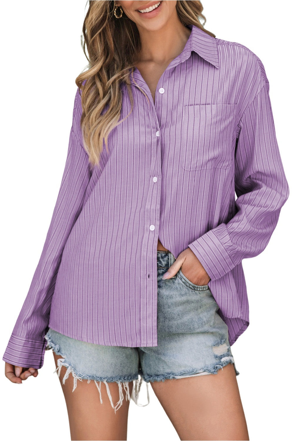 Striped Button Up Long Sleeve Shirt - Shirts - FITGGINS