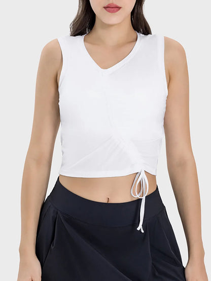 Millennia Drawstring Ruched Wide Strap Active Tank White Fitggins