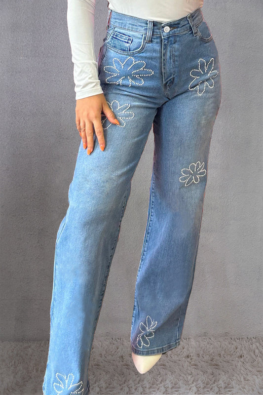 Rhinestone Straight Jeans with Pockets - Jeans - FITGGINS