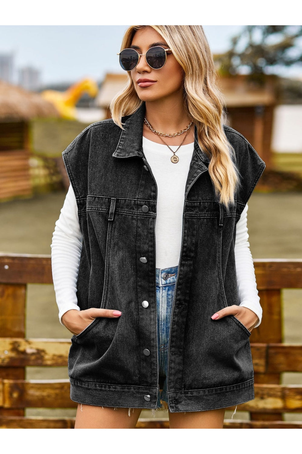 Button Up Collared Neck Sleeveless Denim Jacket - Denim Jackets - FITGGINS