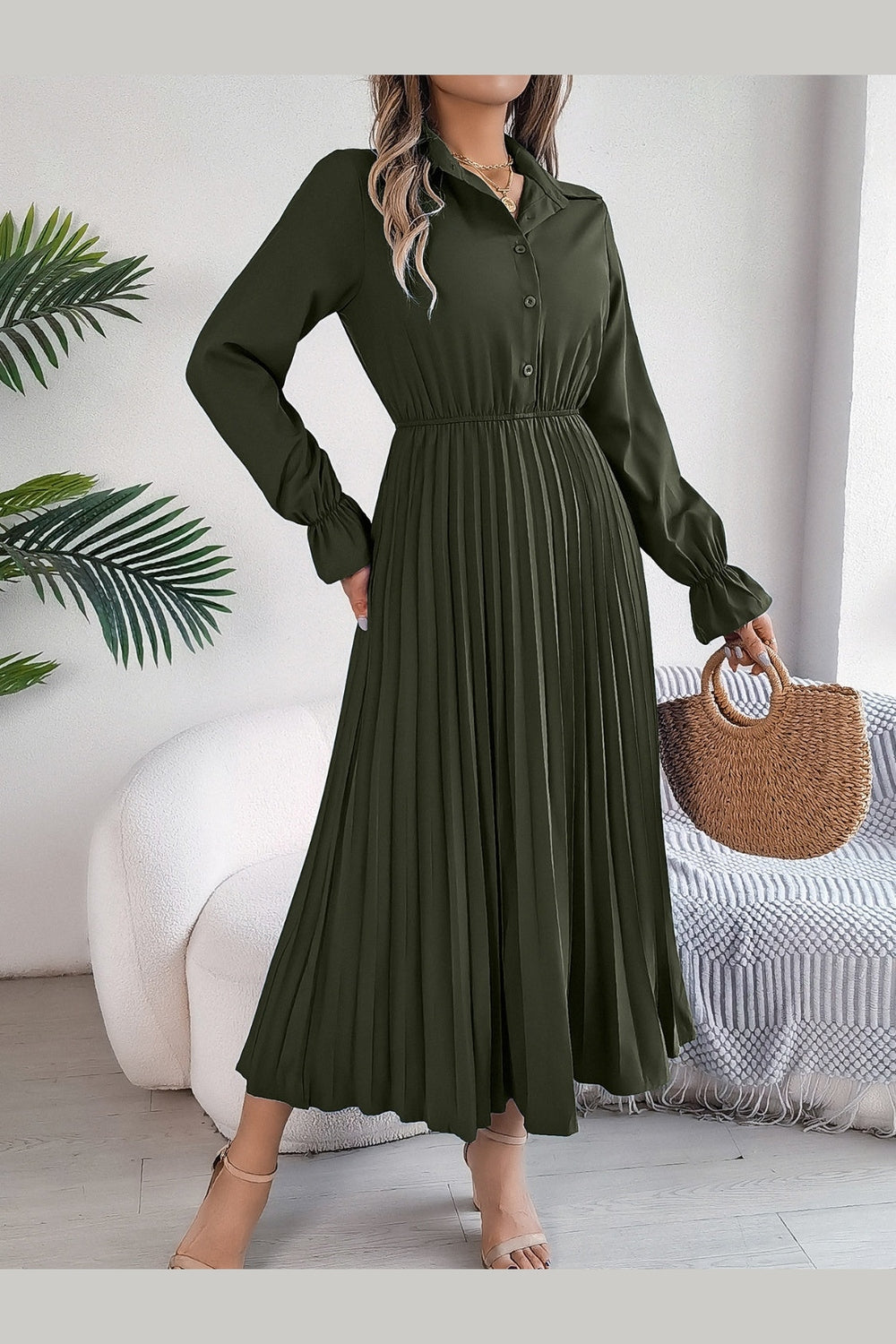 Pleated Half Button Long Sleeve Midi Dress - Casual & Maxi Dresses - FITGGINS