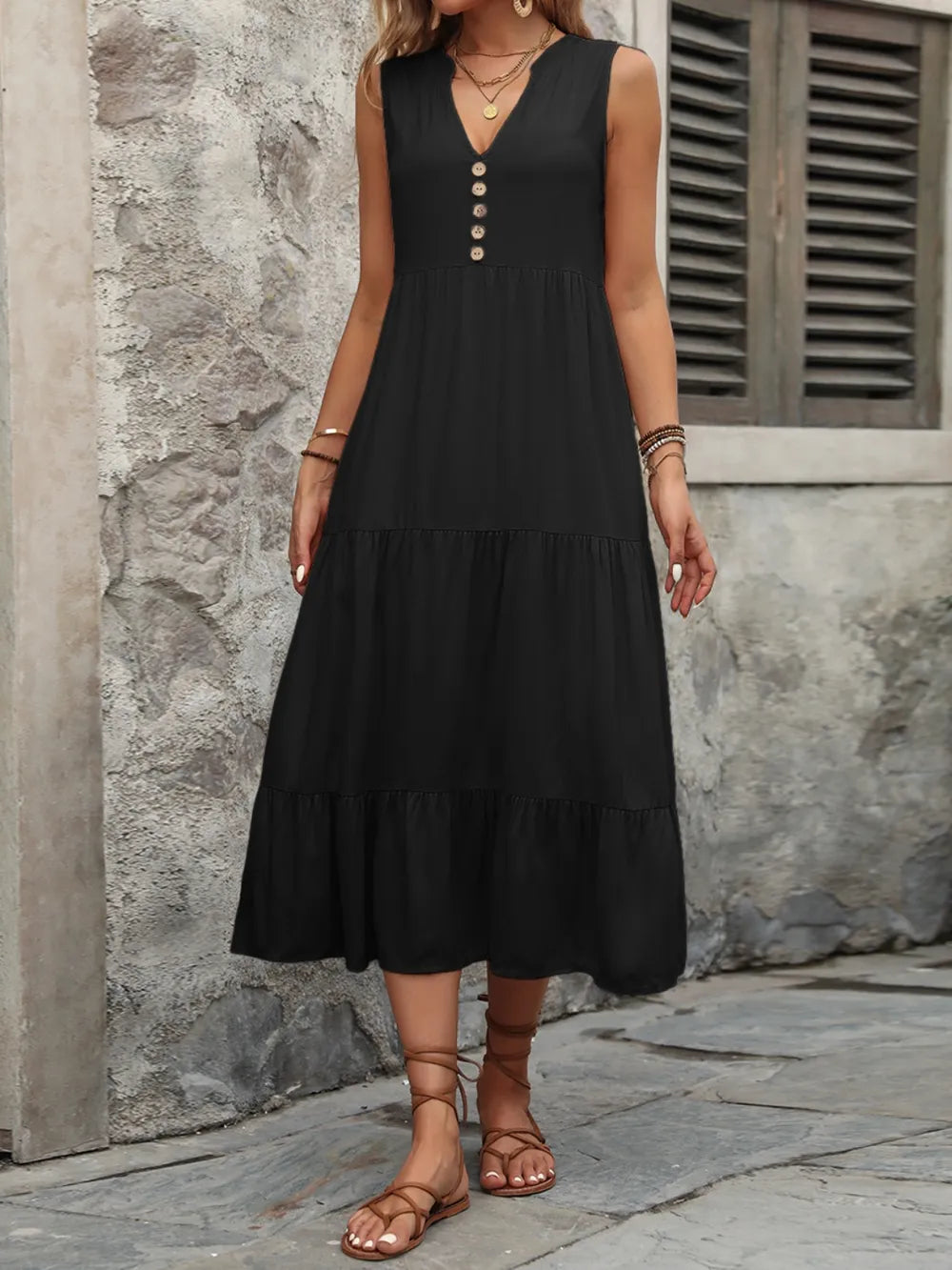 Ivy Lane Decorative Button Notched Sleeveless Dress Black Fitggins