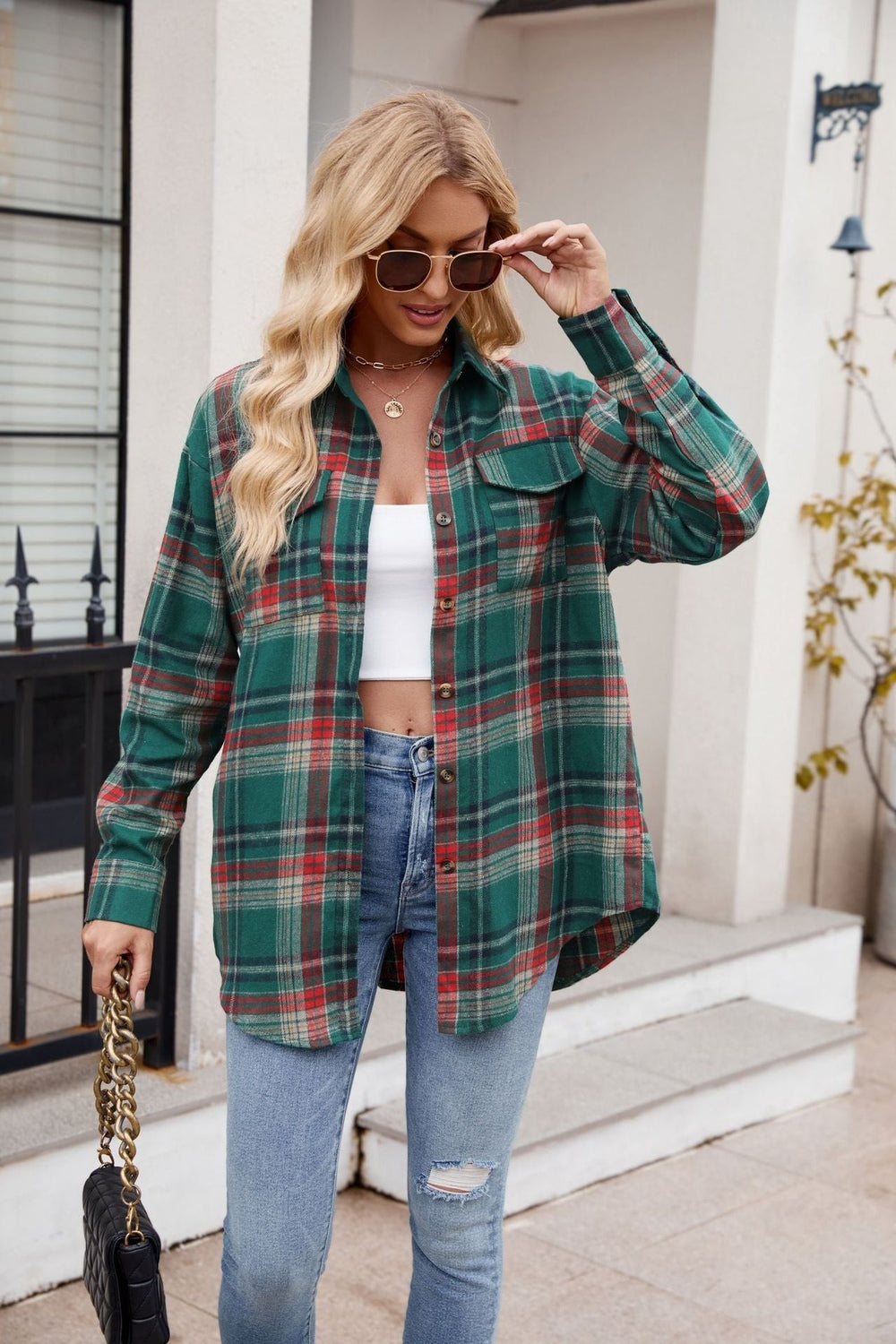 Mandy Plaid Button Up Long Sleeve Shirt Dark Green Fitggins