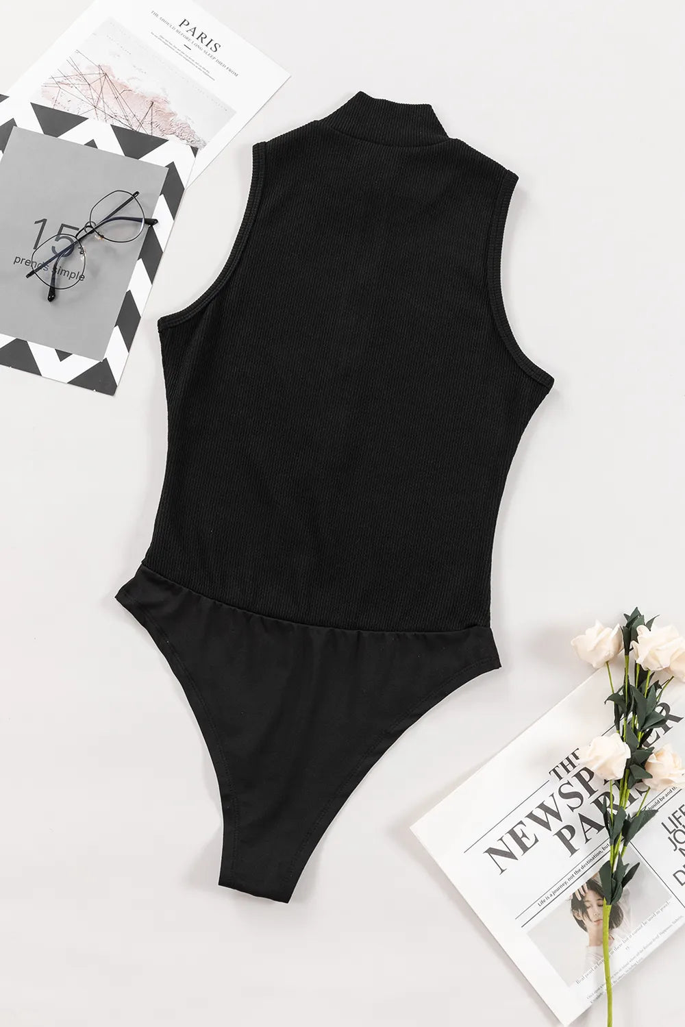 Zip Up Mock Neck Sleeveless Bodysuit Fitggins