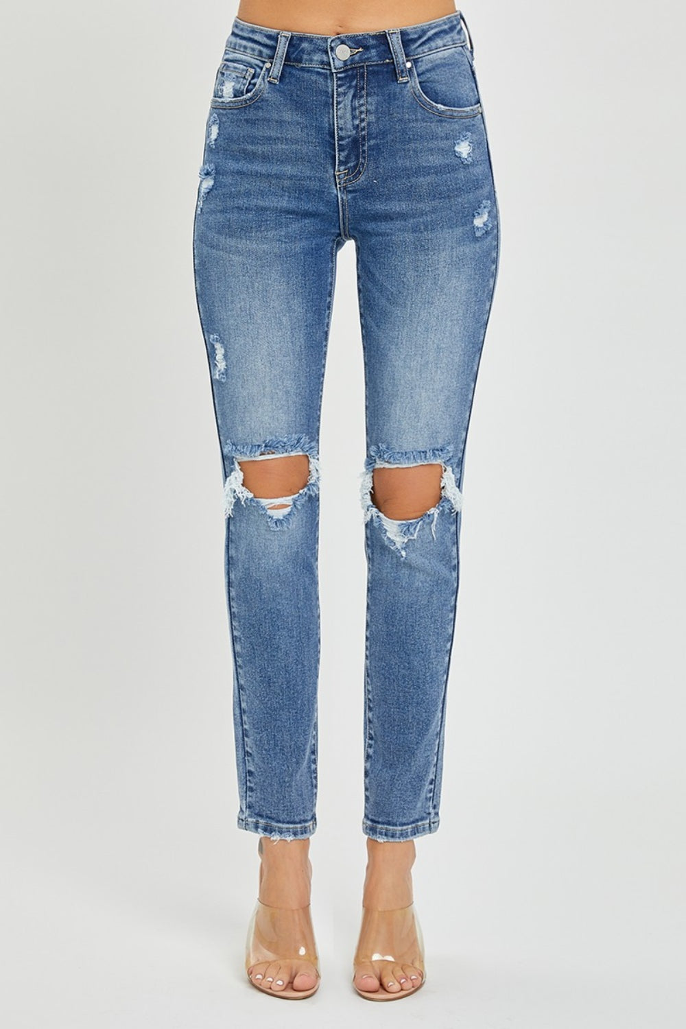 Risen Full Size High Rise Knee Distressed Skinny Jeans - Jeans - FITGGINS