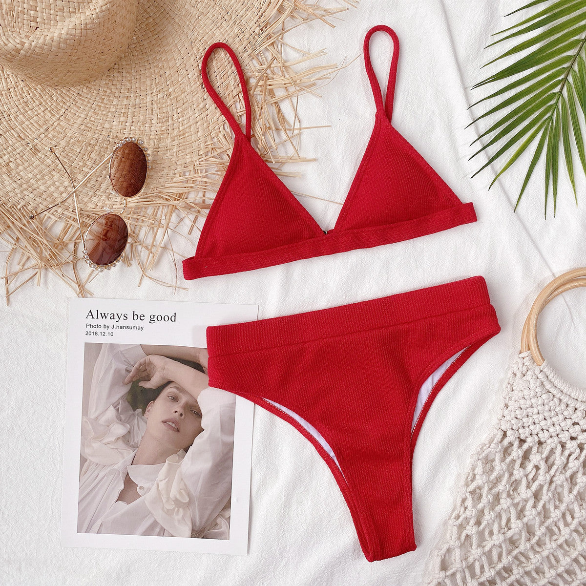 Spaghetti Strap Ribbed Bikini Set Fitggins