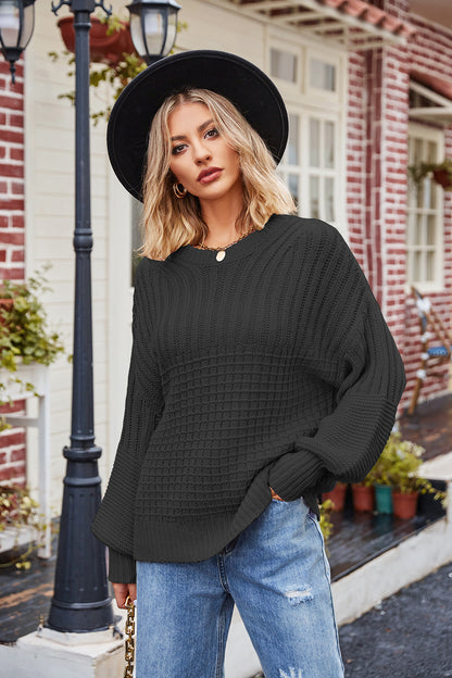 Ribbed Drop Shoulder Lantern Sleeve Sweater - Pullover Sweaters - FITGGINS