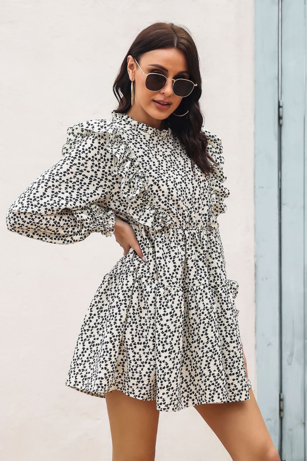 Printed Ruffle Trim Smocked Long Sleeve Mini Dress - Casual & Maxi Dresses - FITGGINS