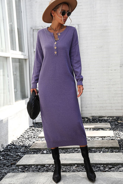 Decorative Button Notched Dropped Shoulder Sweater Dress - Sweater Dresses - FITGGINS