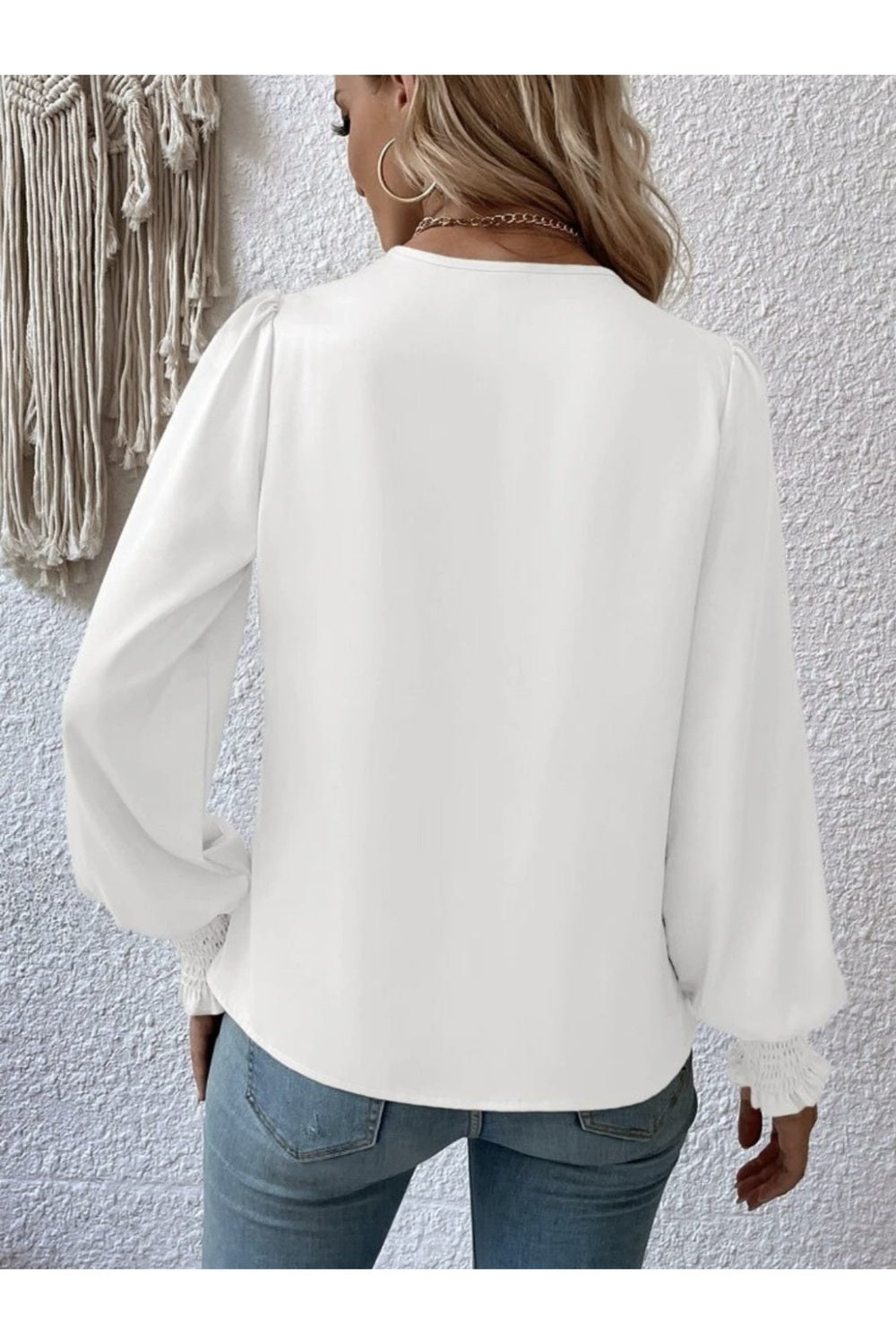 Surplice Smocked Lantern Sleeve Blouse - Blouses - FITGGINS