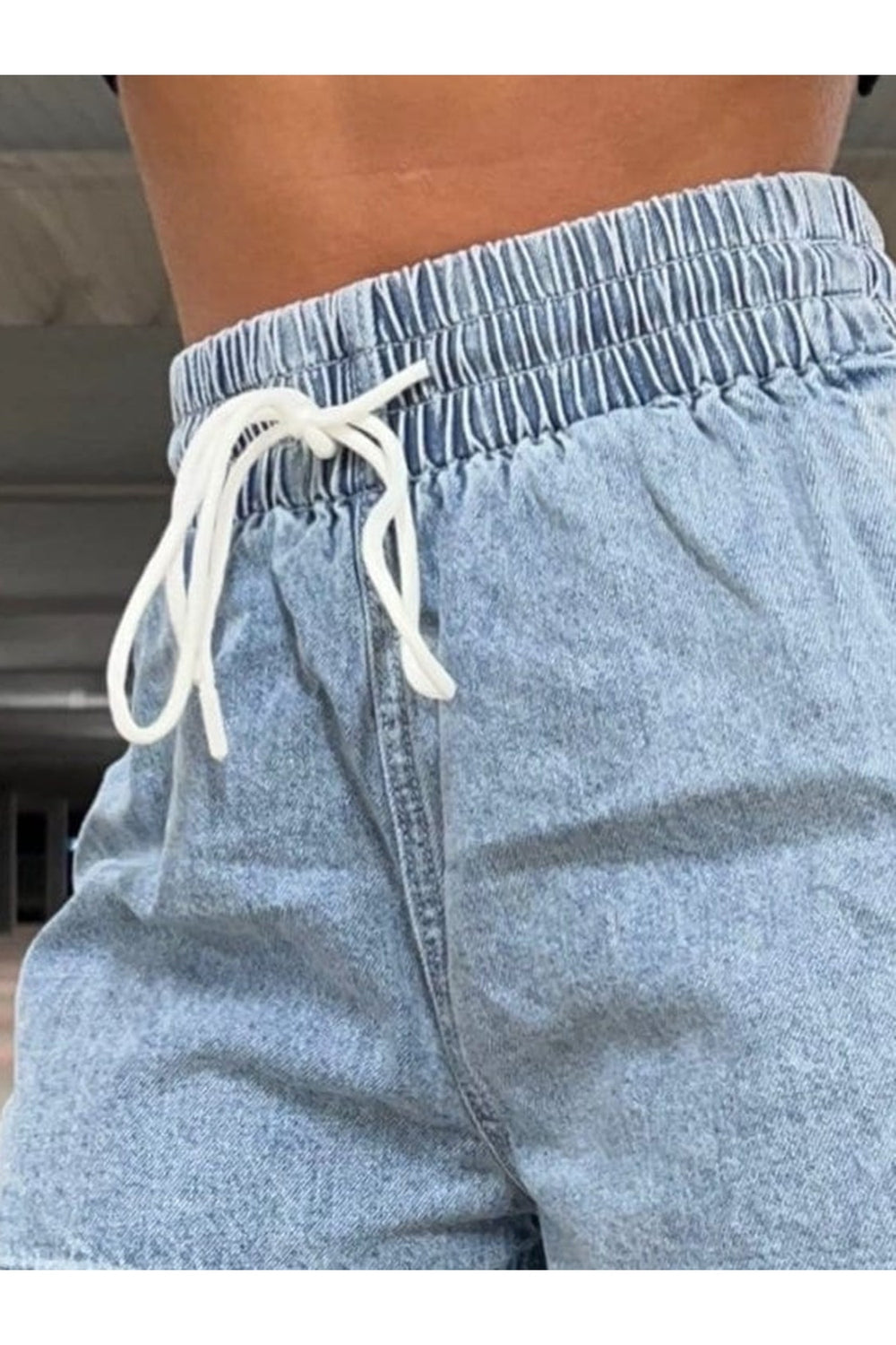 Drawstring High Waist Denim Shorts - Denim Shorts - FITGGINS