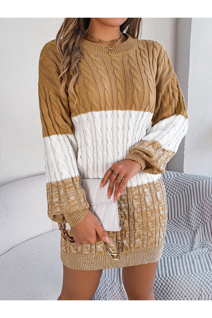 Cable-Knit Round Neck Color Block Sweater Dress - Sweater Dresses - FITGGINS