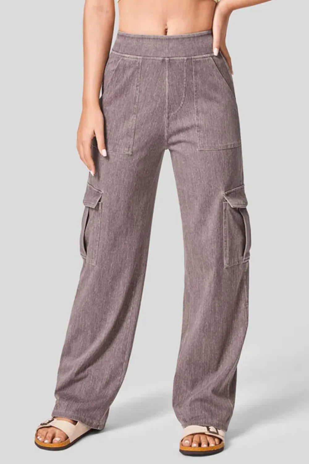 High Waist Straight Leg Cargo Jeans Mocha Fitggins