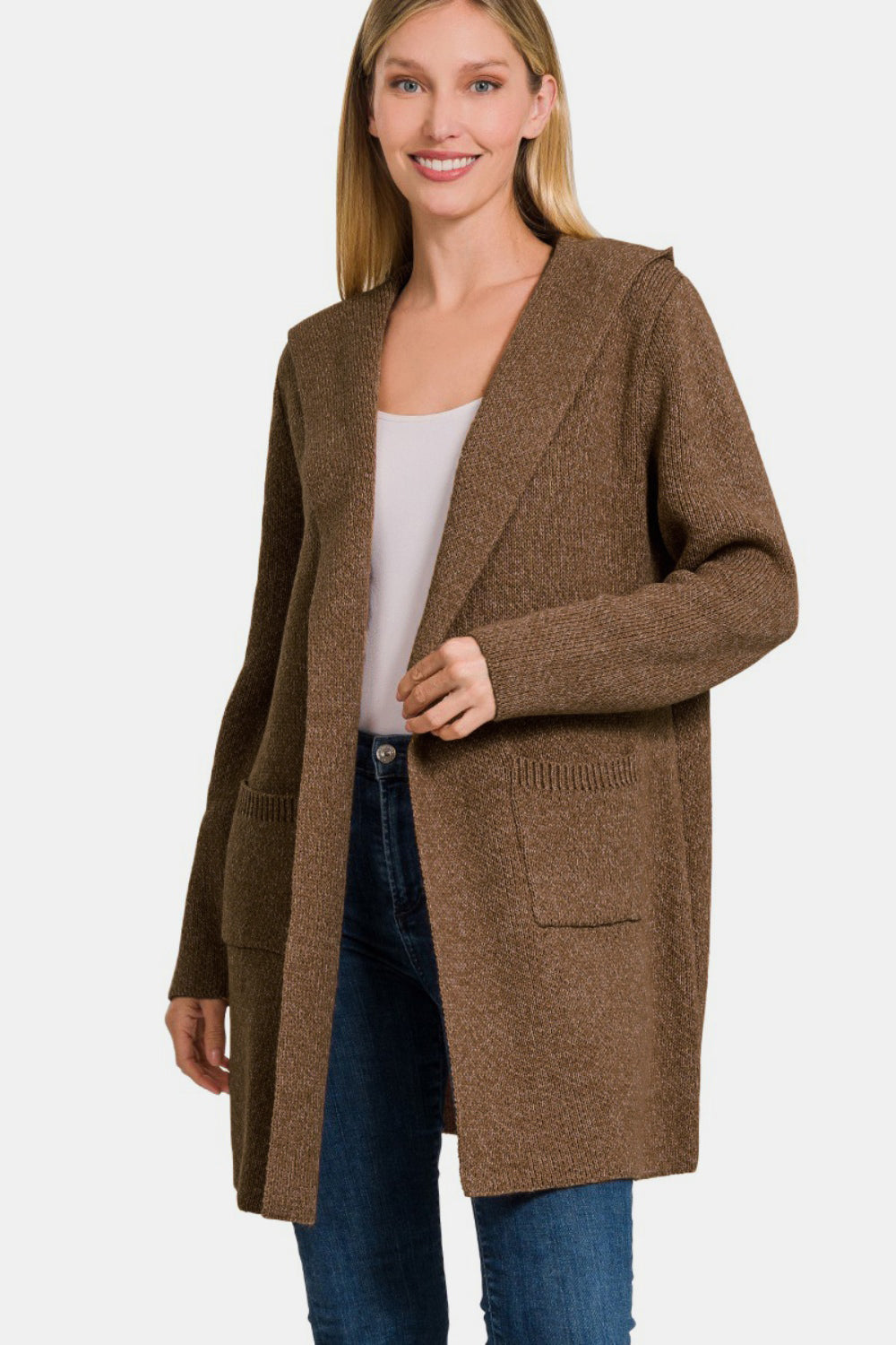 Zenana Hooded Open Front Sweater Cardigan - Cardigans - FITGGINS