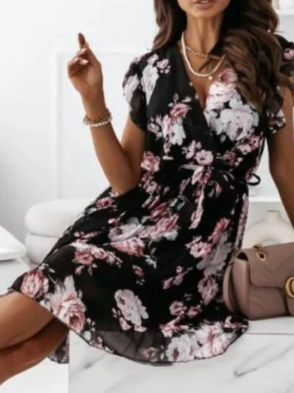 Floral Surplice Ruffled Cap Sleeve Dress Fitggins
