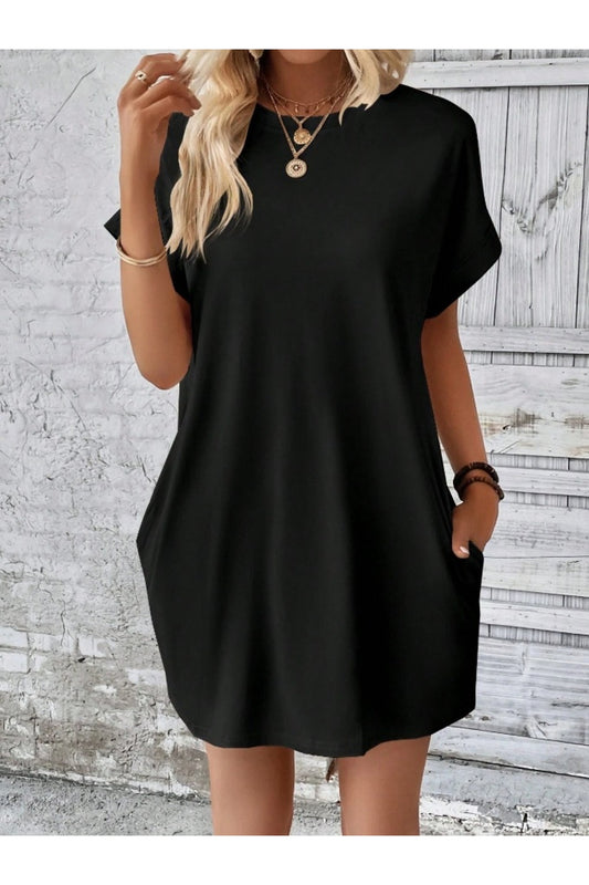 Pocketed Round Neck Short Sleeve Dress - Casual & Maxi Dresses - FITGGINS