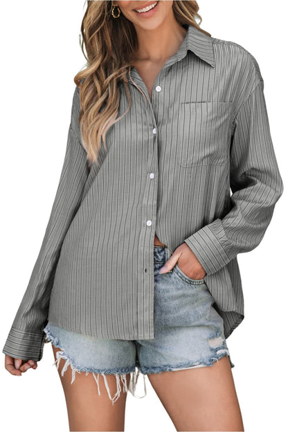 Striped Button Up Long Sleeve Shirt - Shirts - FITGGINS