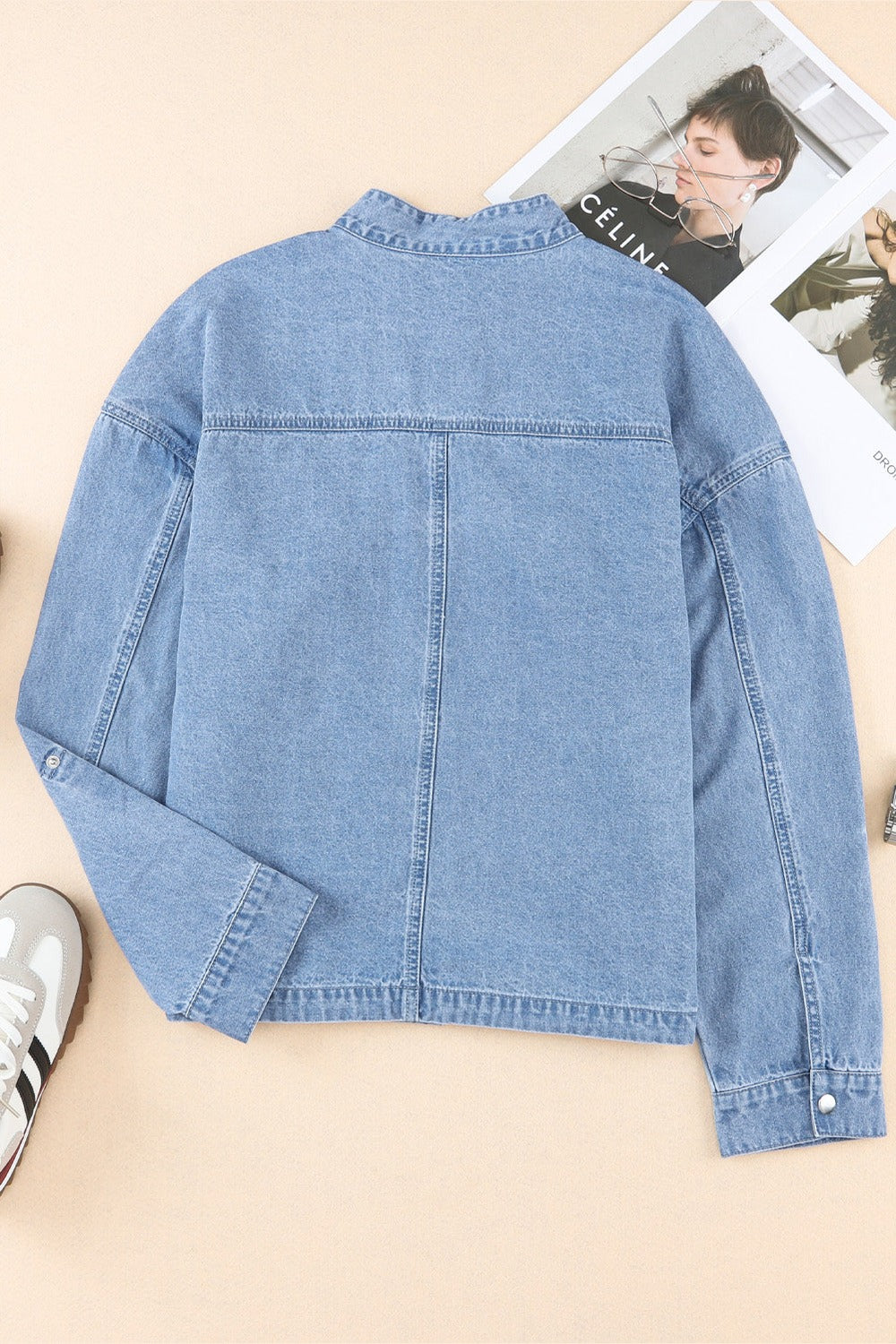 Drawstring Snap Down Denim Jacket with Chest Pockets - Denim Jackets - FITGGINS