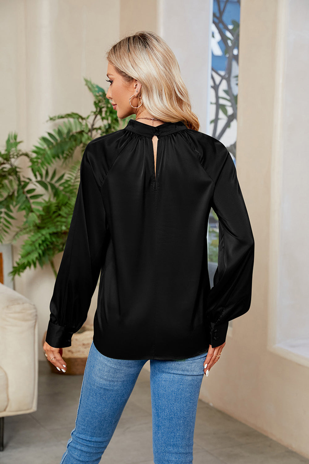 Cutout Mock Neck Long Sleeve Top - Blouses - FITGGINS