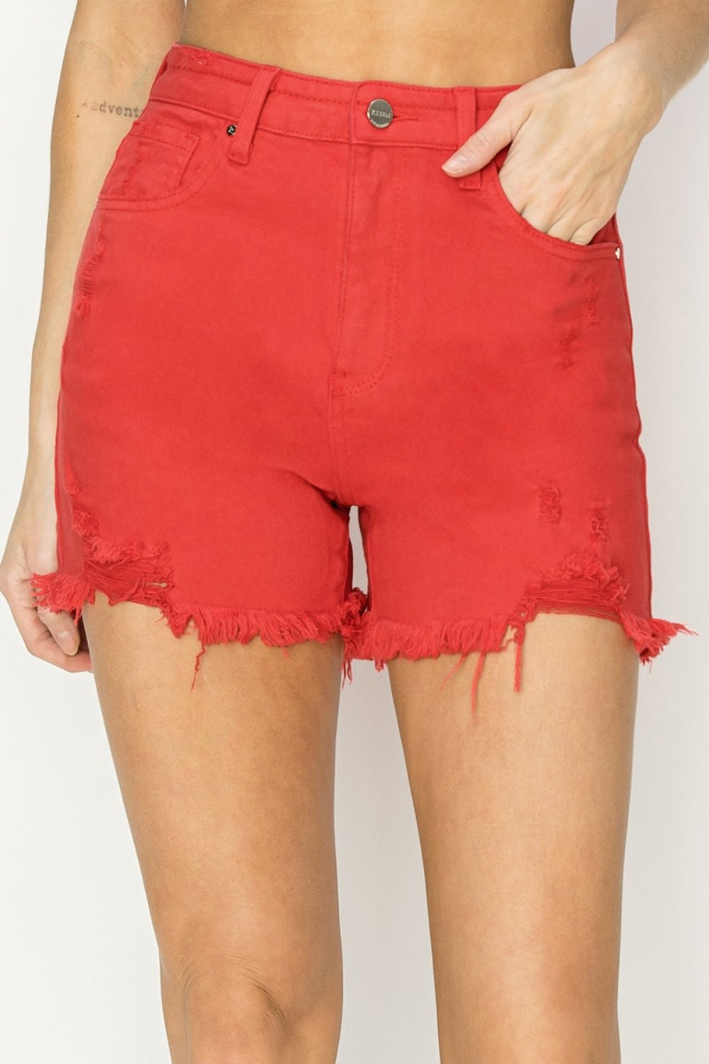 RISEN High Rise Distressed Denim Shorts - Denim Shorts - FITGGINS