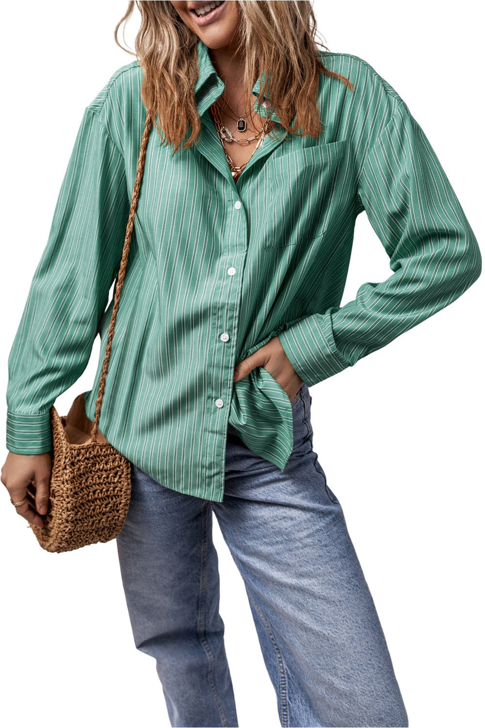 Striped Button Up Long Sleeve Shirt - Shirts - FITGGINS