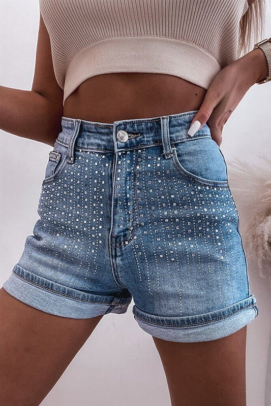 Rhinestone High Waist Denim Shorts - Denim Shorts - FITGGINS