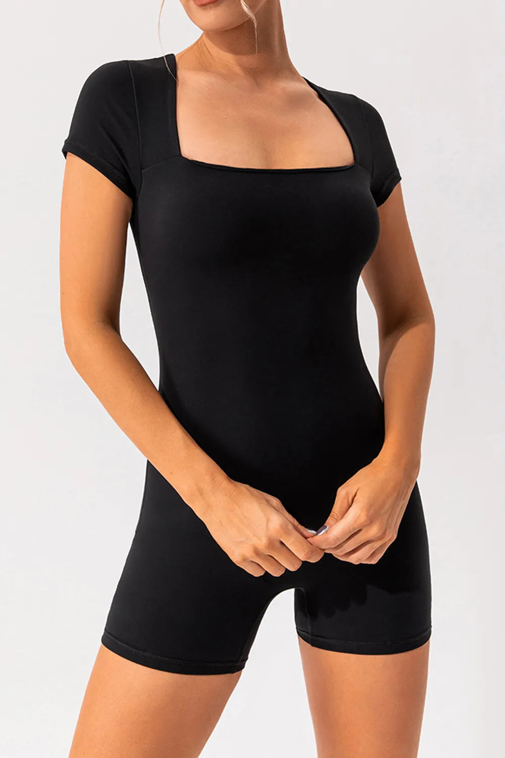 Square Neck Cap Sleeve Active Romper Black Fitggins