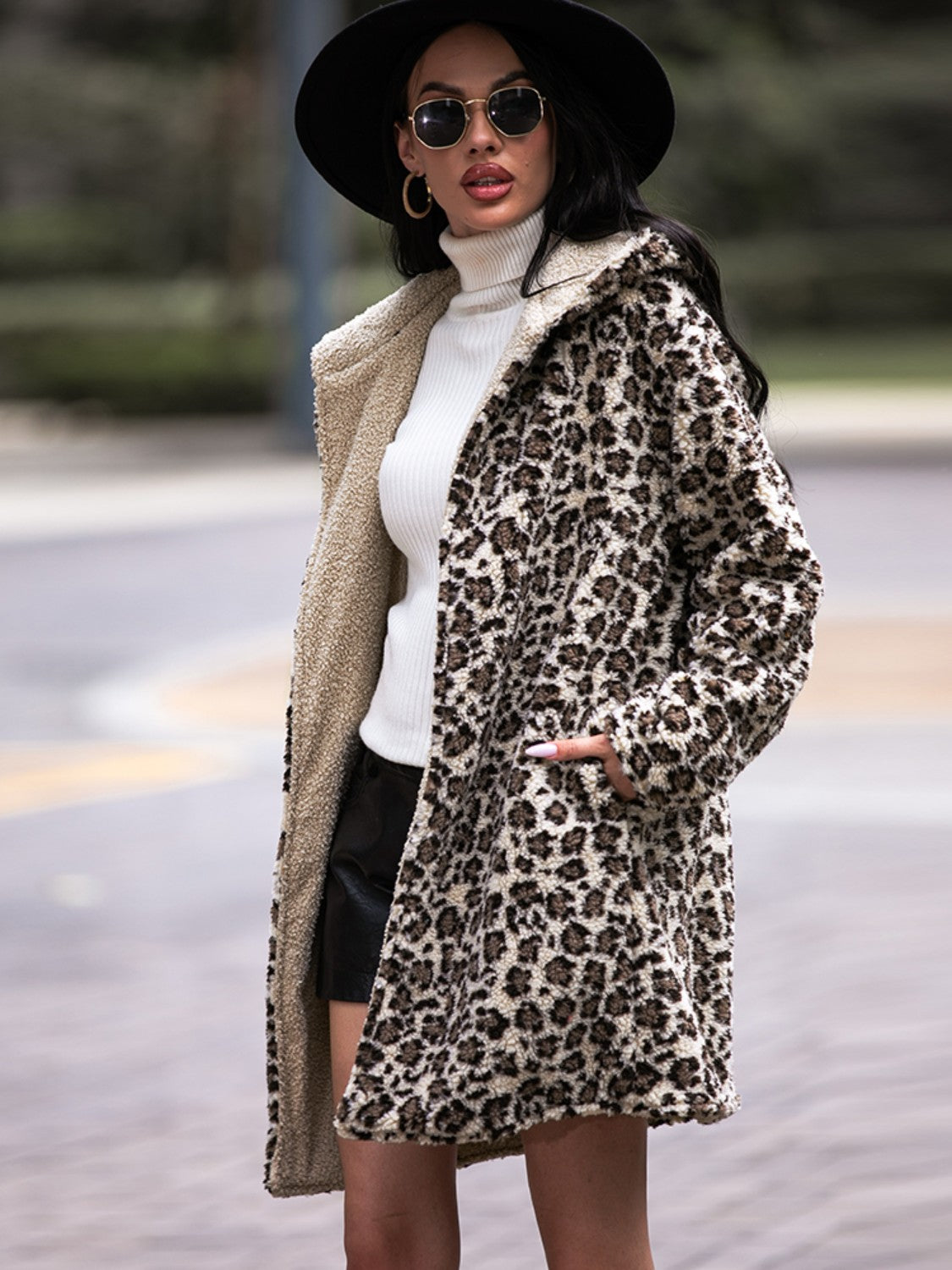 Shiny Leopard Hooded Coat with Pockets Fitggins