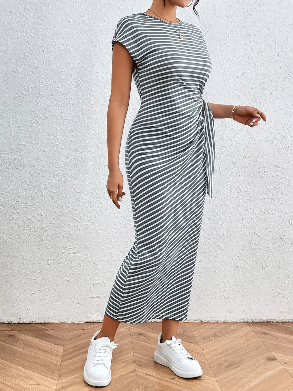 Honey Tied Striped Round Neck Short Sleeve Tee Dress Fitggins