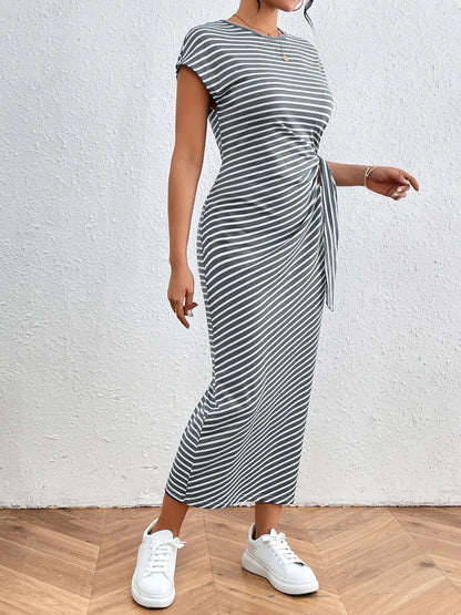 Honey Tied Striped Round Neck Short Sleeve Tee Dress Fitggins