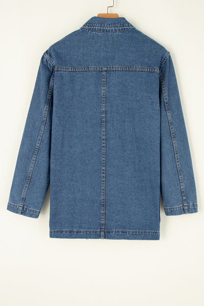 Pocketed Long Sleeve Denim Jacket - Denim Jackets - FITGGINS