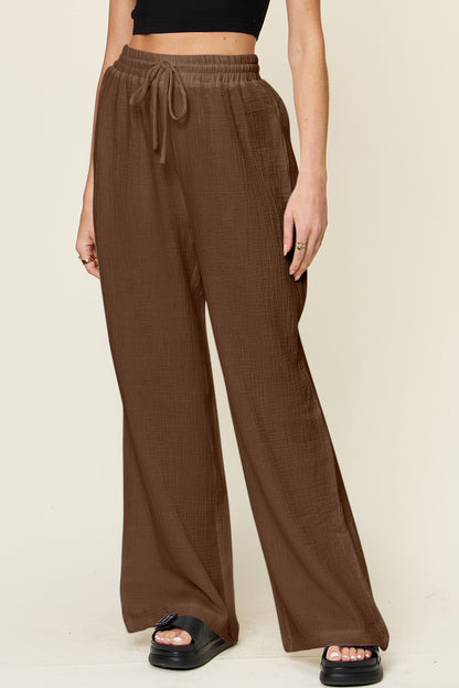 Double Take Full Size Texture Drawstring Wide Leg Pants - Pants - FITGGINS