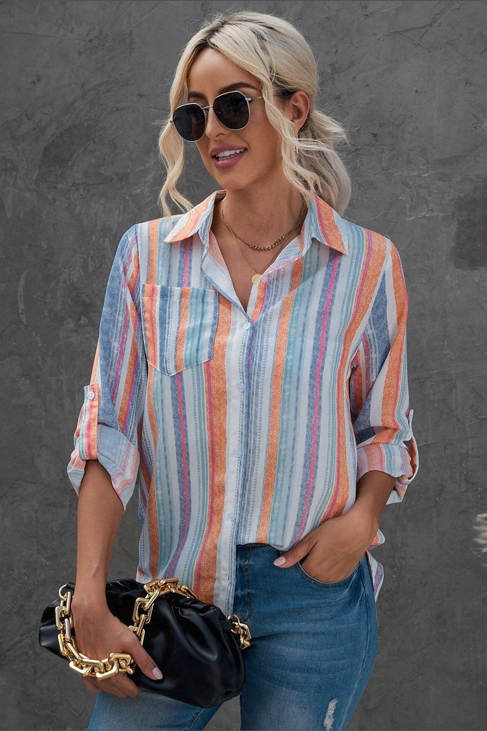 Striped Button-Up Curved Hem Shirt with Breast Pocket - Shirts - FITGGINS