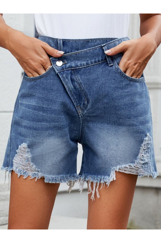 Distressed Raw Hem Asymmetric Waist Denim Shorts - Denim Shorts - FITGGINS